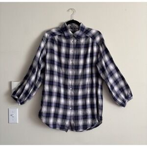 Vince Women's Medium Plaid Tunic Top Black Purple‎ White Cotton Causal Preppy